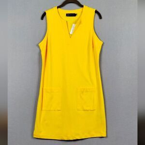 New York and Co Womens Medium Shift Dress Yellow Sleeveless Front Pockets Cotton